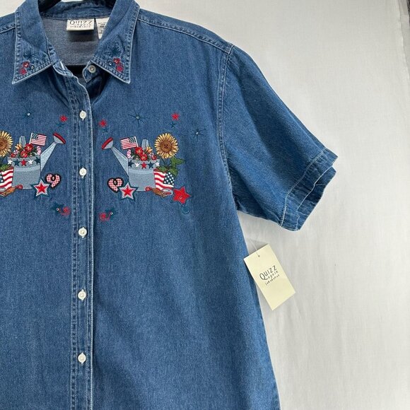 Vtg Quizz Again Jeans Denim Shirt Women XL Short Sleeve Button Up Patriotic Blue - Picture 7 of 10